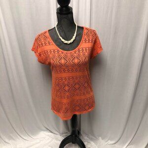 Vanity Top Womens Size Medium Coral Orange Lace Mesh Sheer Lightweight Blouse